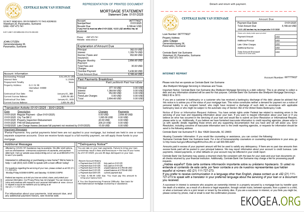 Suriname Centrale Bank Van Relevé d'hypothèque bancaire du Suriname aux formats Word et PDF, 3 pages 1 , 2